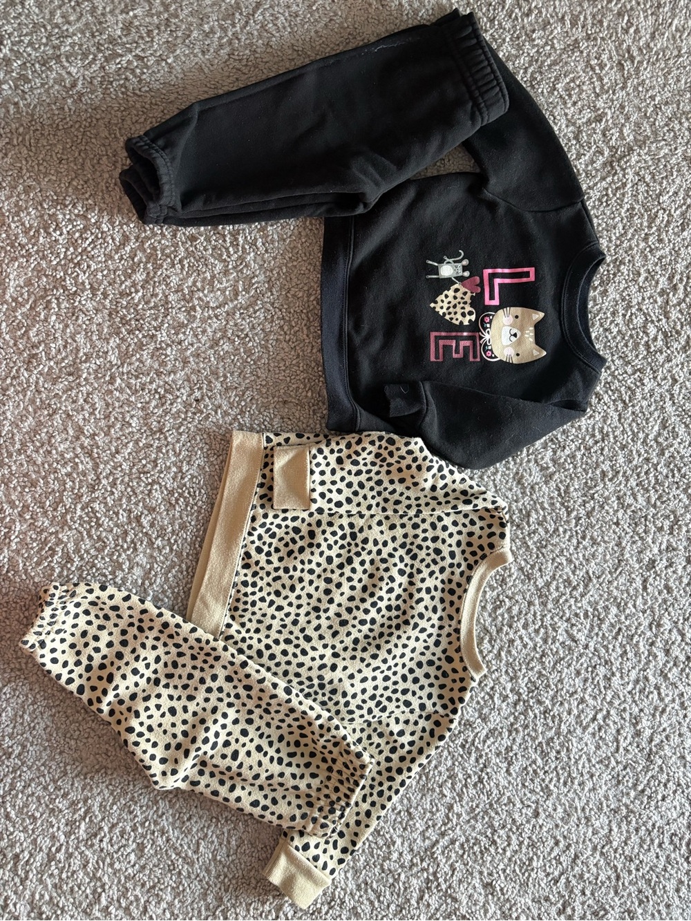 Toddler Black Cat Sweatshirt + Beige Leopard Jogger Set